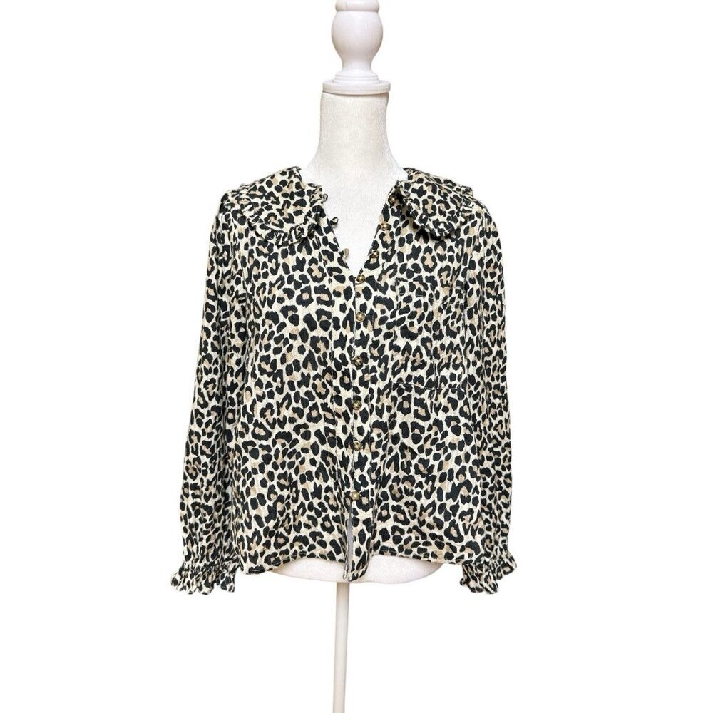Pilcro Anthropologie Leopard Print Puff Sleeve Cotton Blouse S